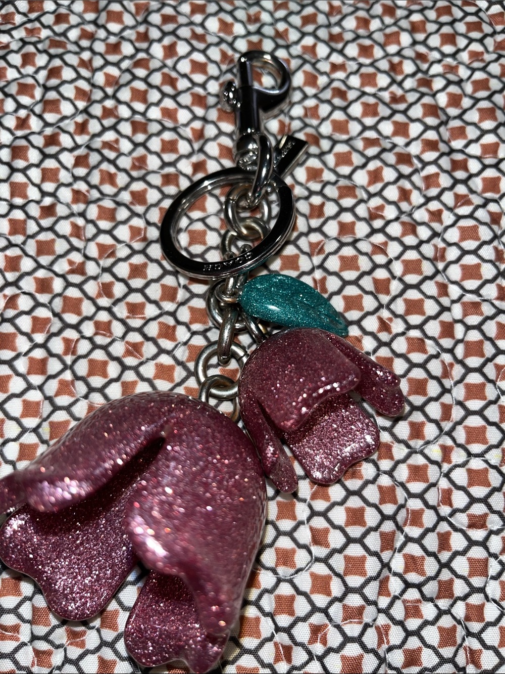 Glittery Pink Flower Keychain with Teal Leaf Charm